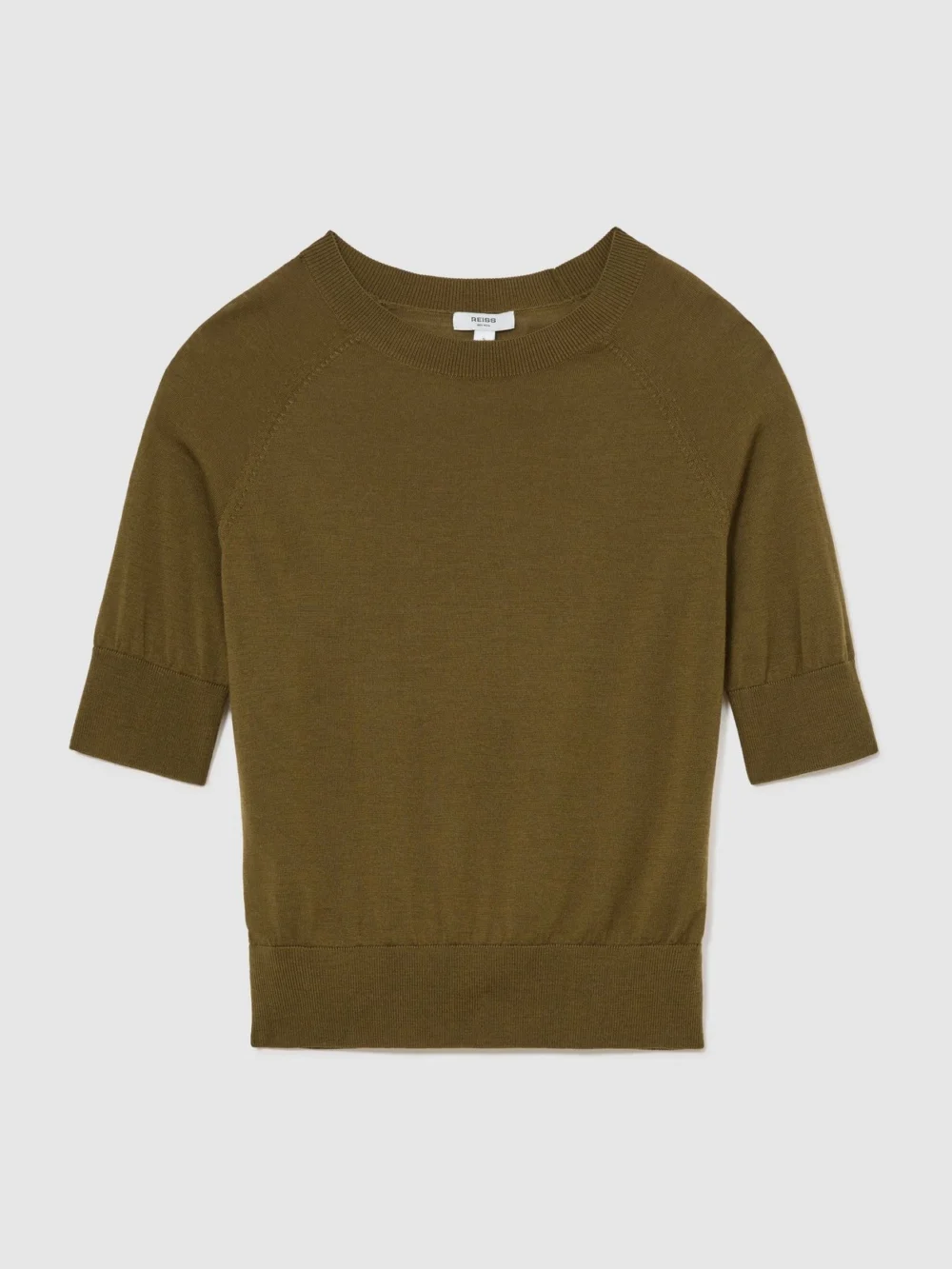 Reiss Khaki Green Ultra-soft Merino Wool Crew-neck T-shirt, view 2