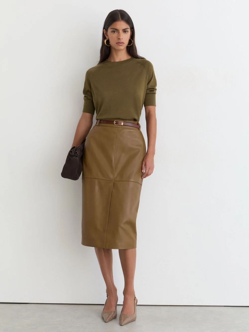 Reiss Khaki Green Ultra-soft Merino Wool Crew-neck T-shirt, view 3