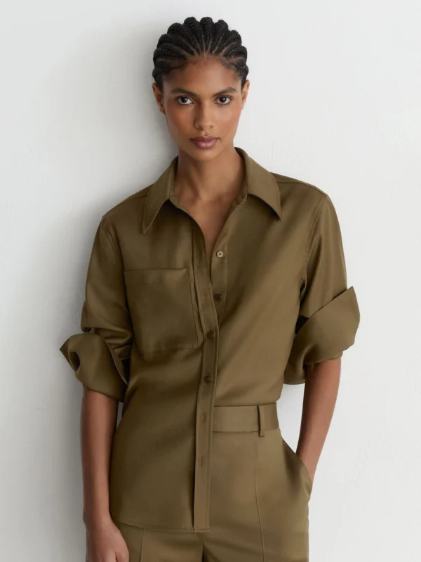 Reiss Khaki Green Wool-blend Long-sleeve Shirt