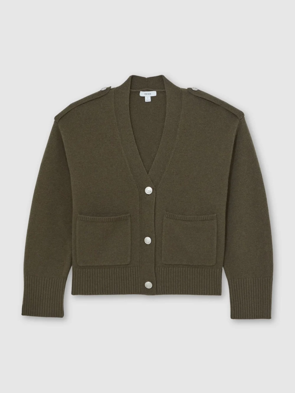 Reiss Khaki Green Wool-cashmere Button-through Cardigan, view 2