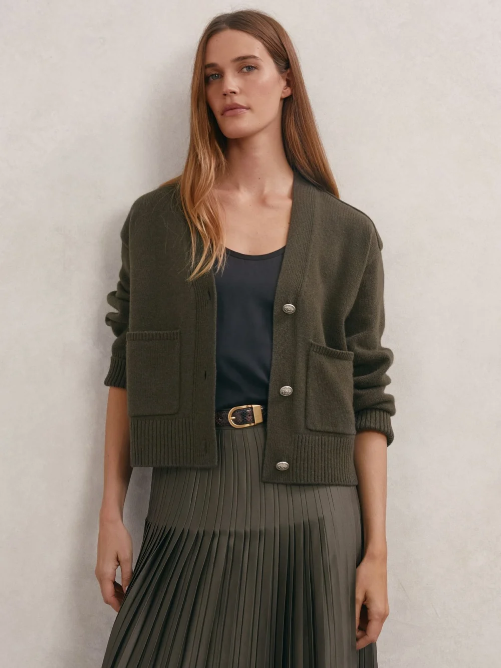 Reiss Khaki Green Wool-cashmere Button-through Cardigan, view 4