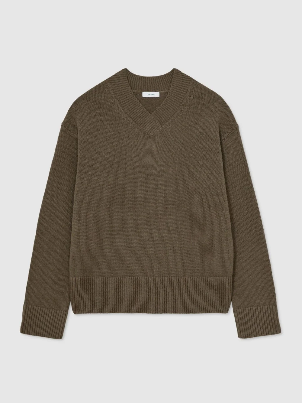 Reiss Khaki Green Wool-cashmere V-neck Jumper, view 2