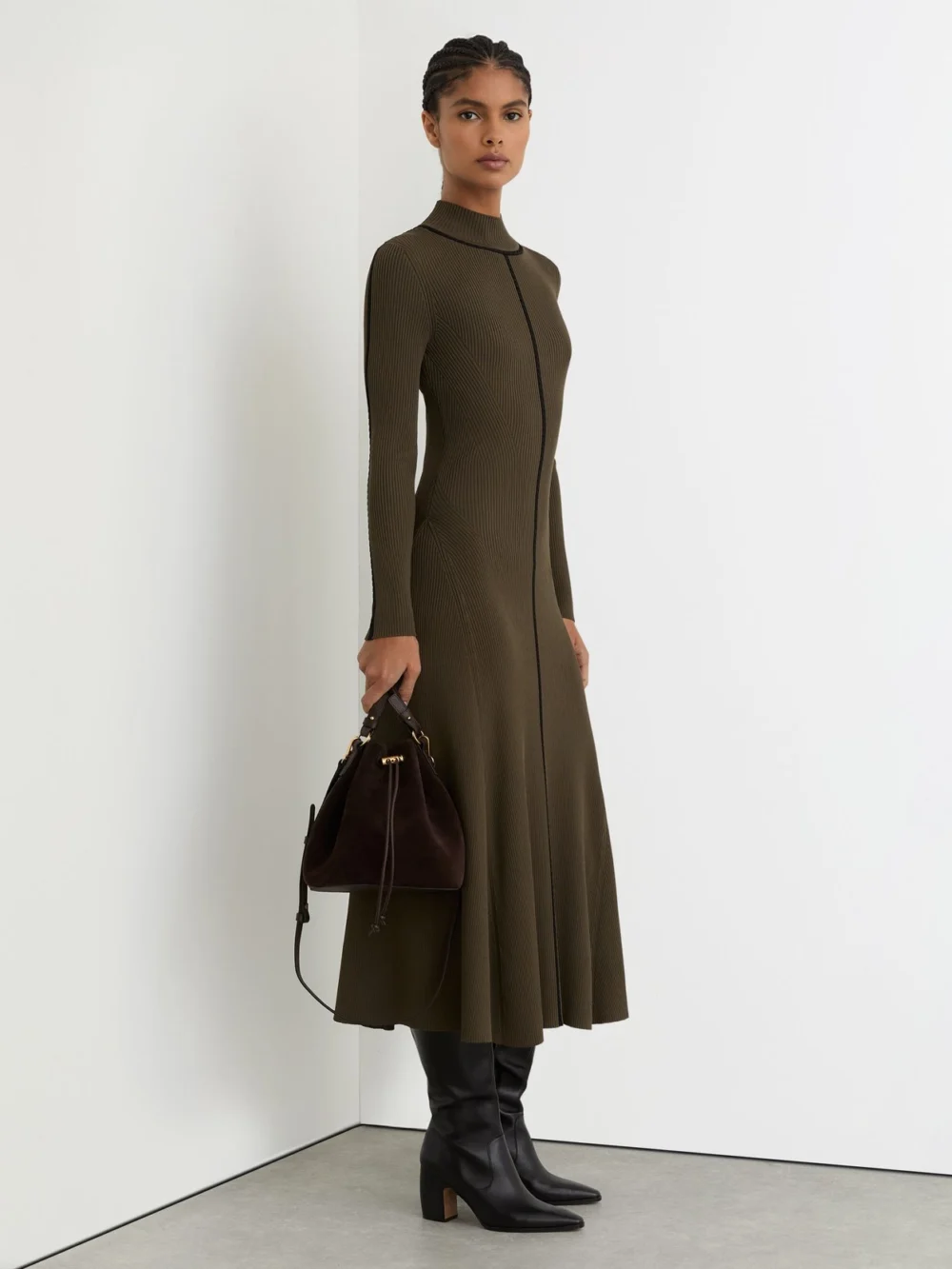 Reiss Khaki Knitted Contrast Stitch Midi Dress