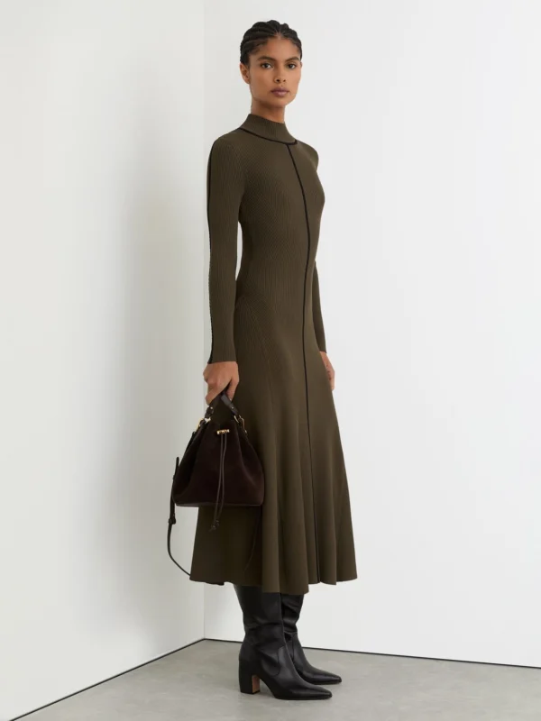 Reiss Khaki Knitted Contrast Stitch Midi Dress