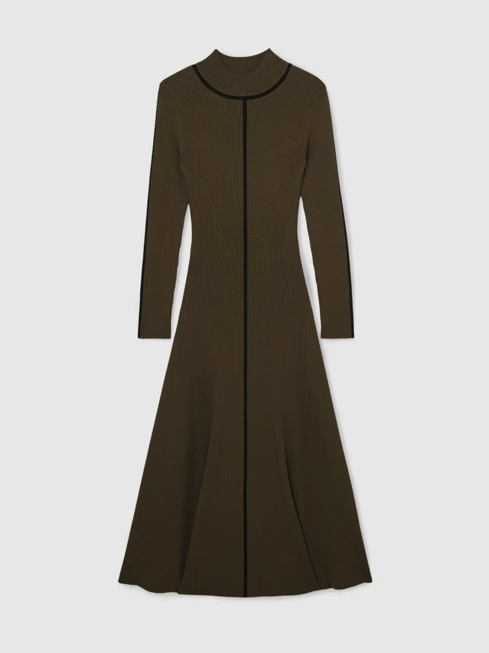 Reiss Khaki Knitted Contrast Stitch Midi Dress, view 6