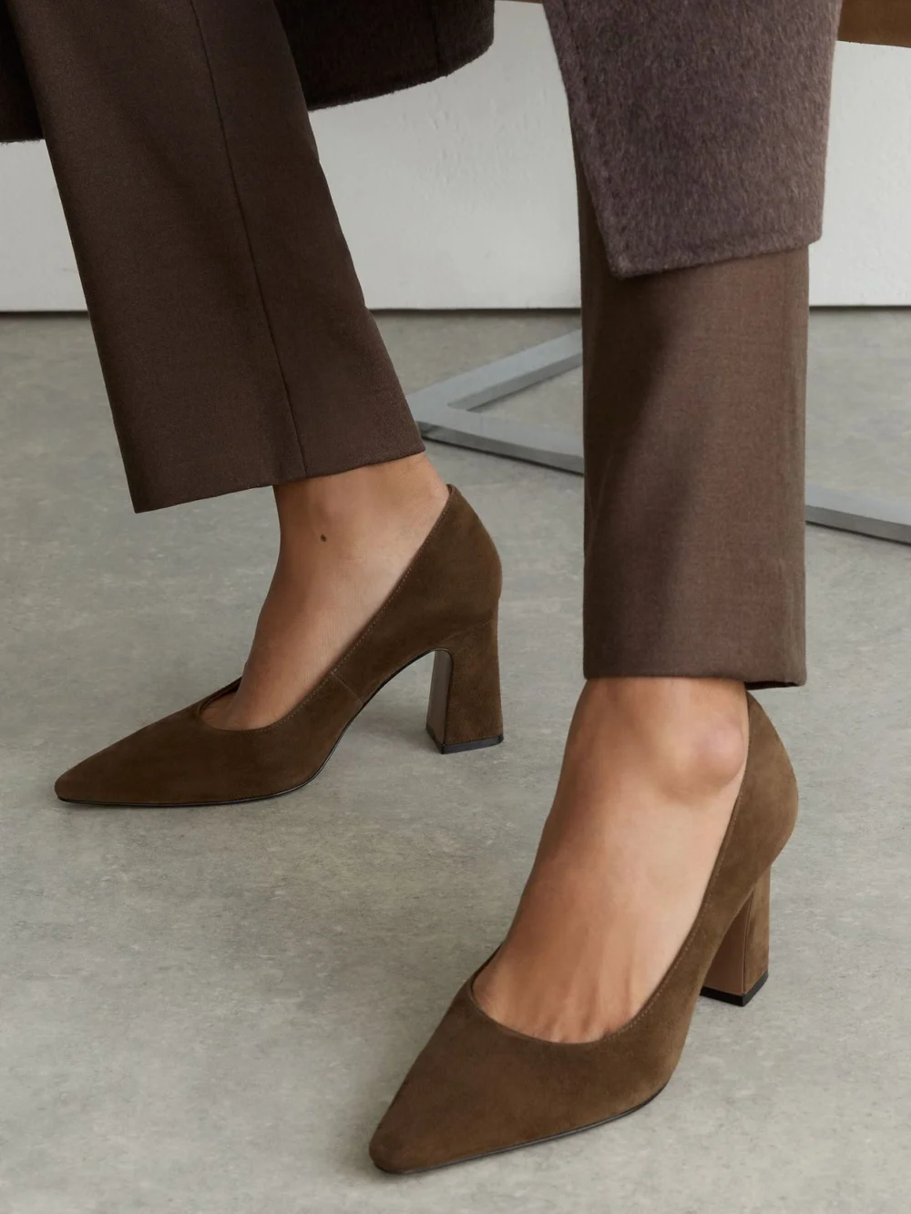 Reiss Khaki Suede Block-heel Court Shoes, view 2