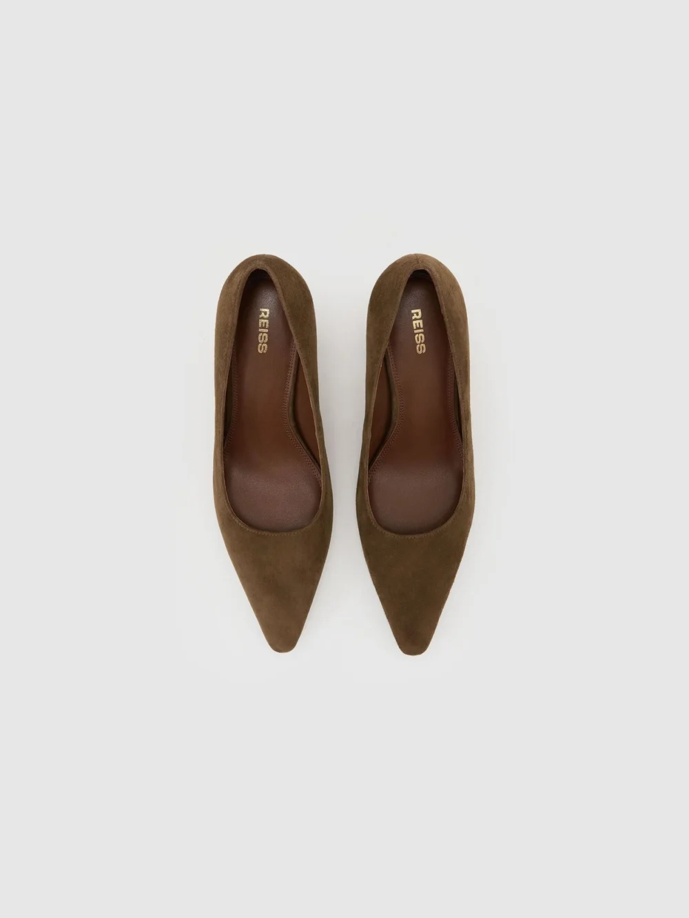 Reiss Khaki Suede Block-heel Court Shoes, view 3