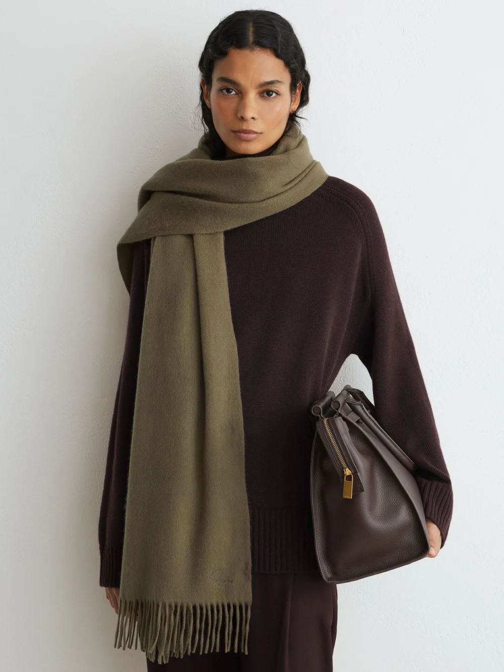 Reiss Khaki Wool and Cashmere Scarf,