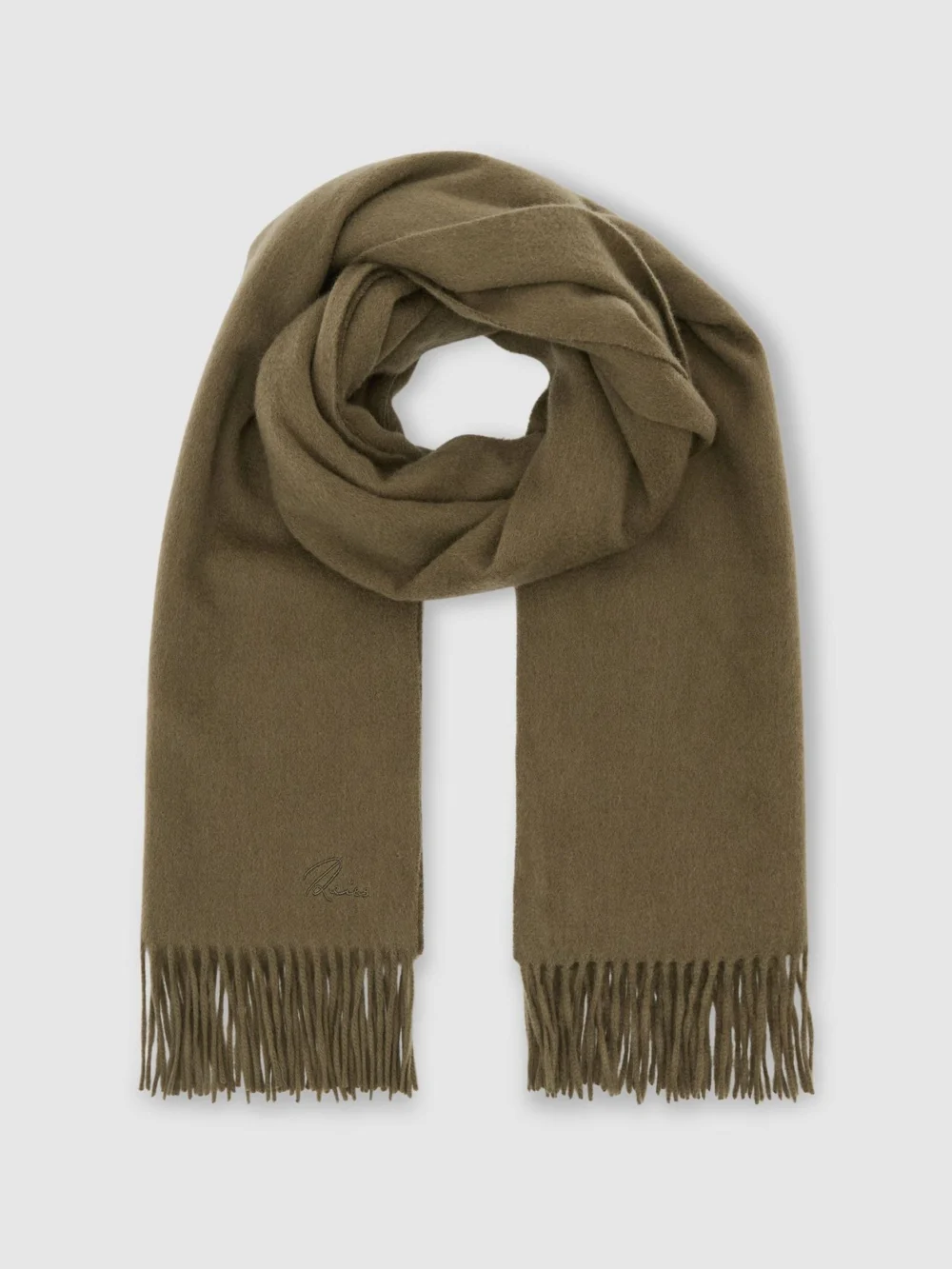 Reiss Khaki Wool and Cashmere Scarf,, view 3