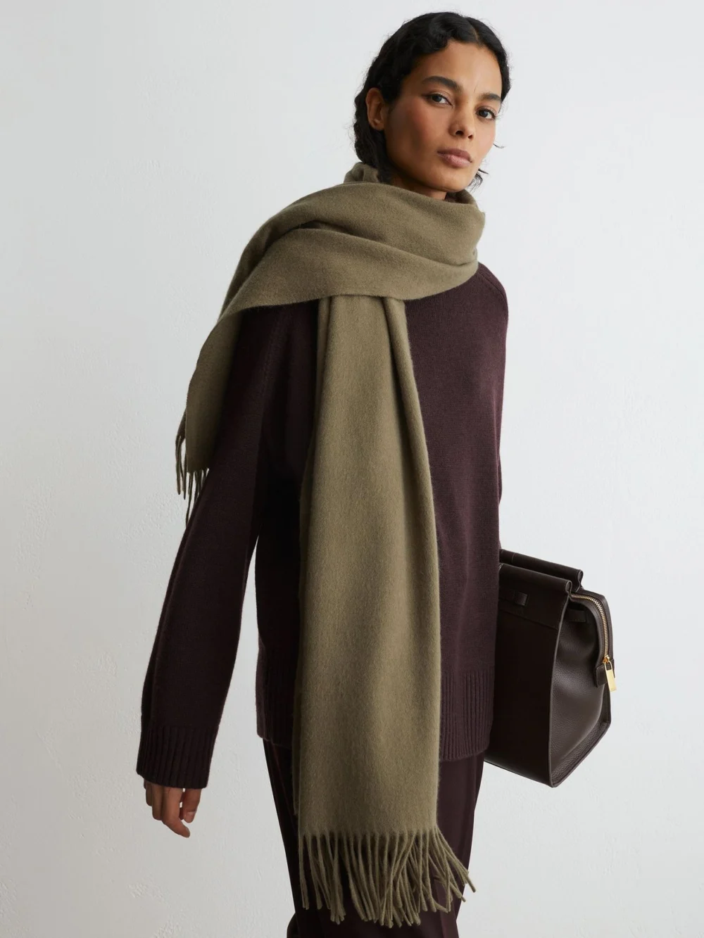 Reiss Khaki Wool and Cashmere Scarf,, view 4