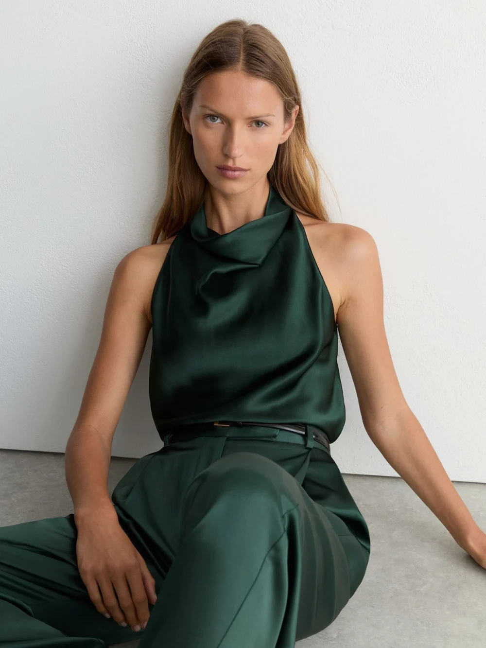 Reiss Kory Teal Green Silk Cowl-neck Sleeveless Top, 18, view 3