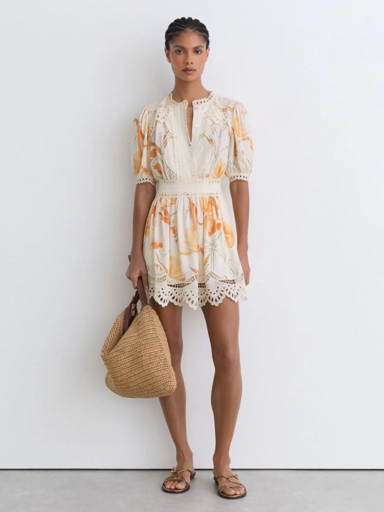 Reiss Lacey & Pink Floral-print Lace-trim Mini Dress, 14
