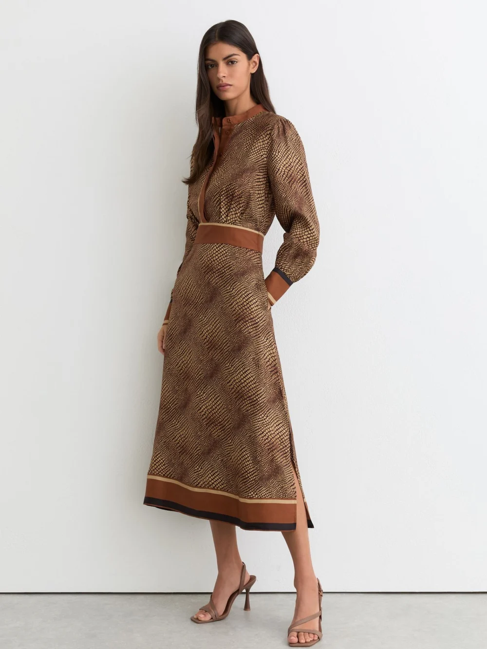 Reiss Leia Neutral Animal-print Midi Shirt Dress, 10 in brown/black