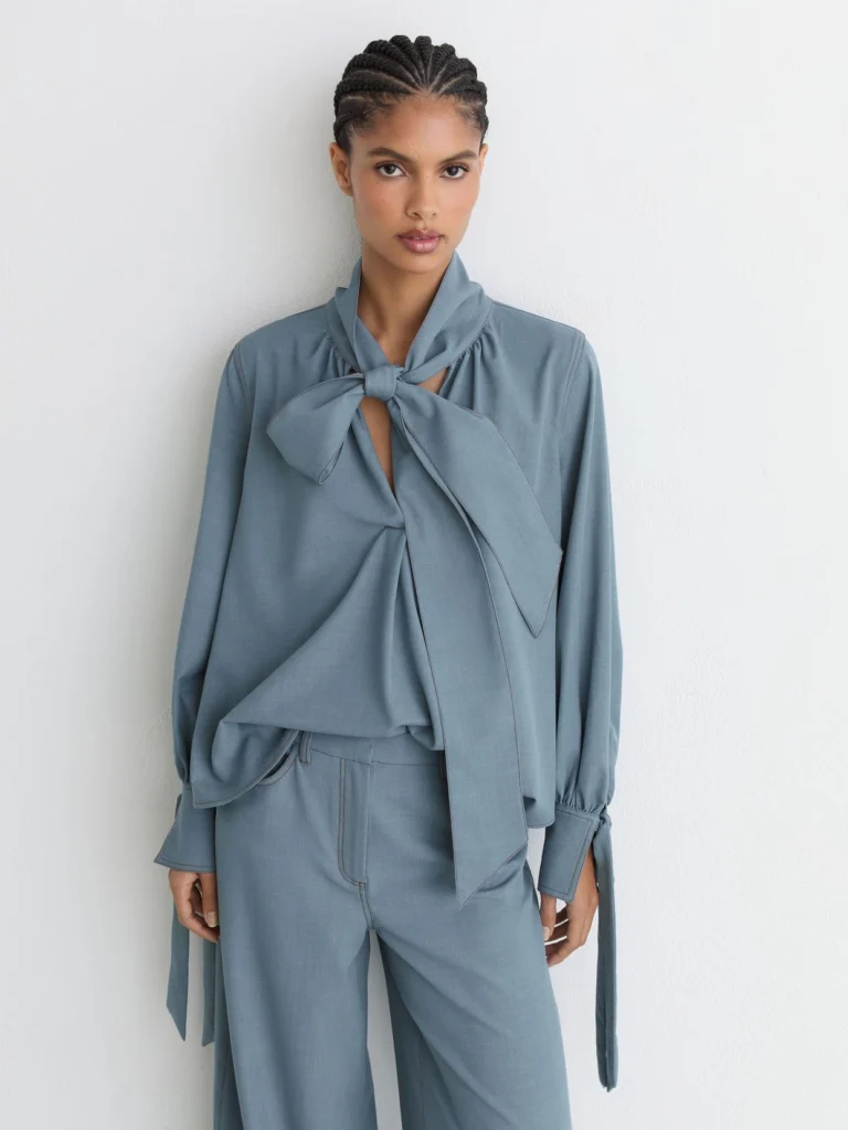 Reiss Light Blue Denim-look Tie-neck Blouse