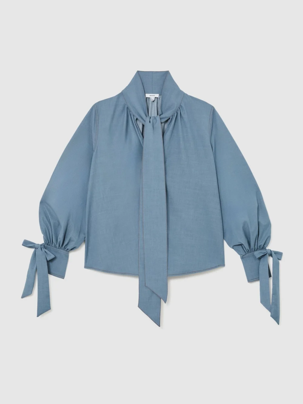Reiss Light Blue Denim-look Tie-neck Blouse, view 2