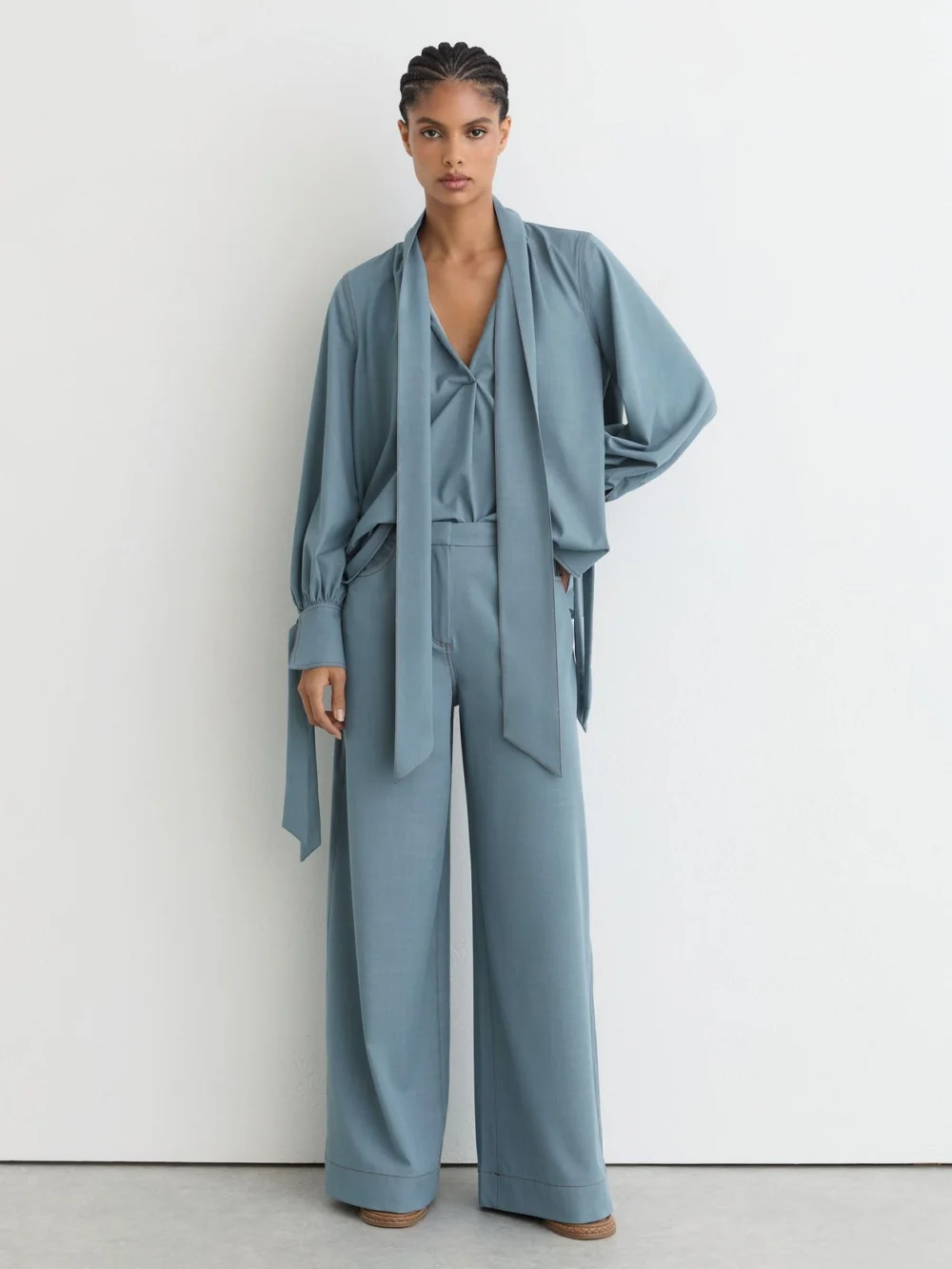 Reiss Light Blue Denim-look Tie-neck Blouse, view 3