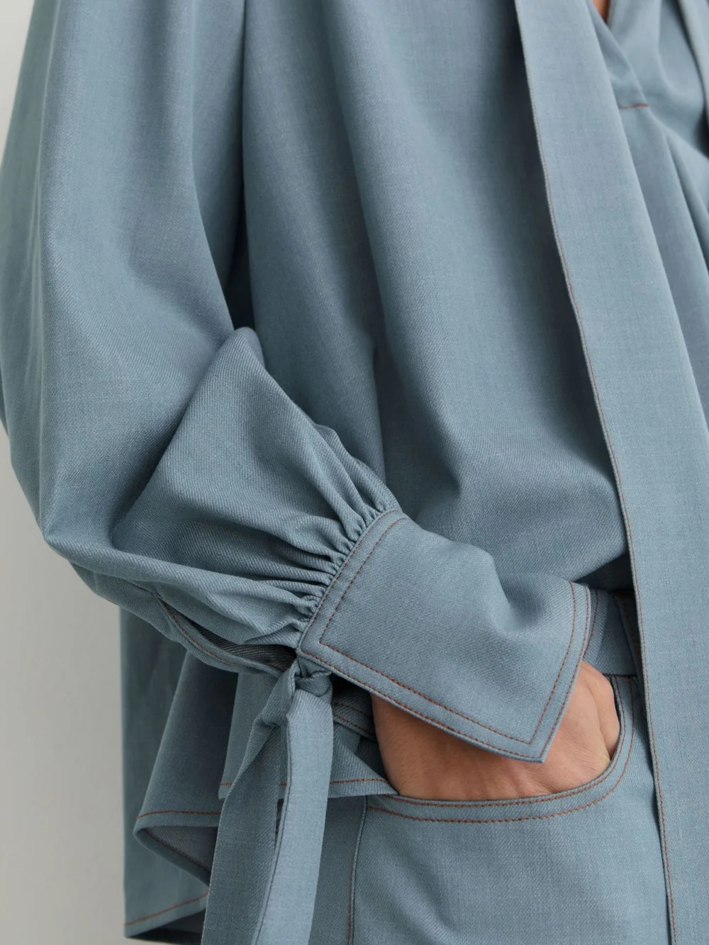 Reiss Light Blue Denim-look Tie-neck Blouse, view 4