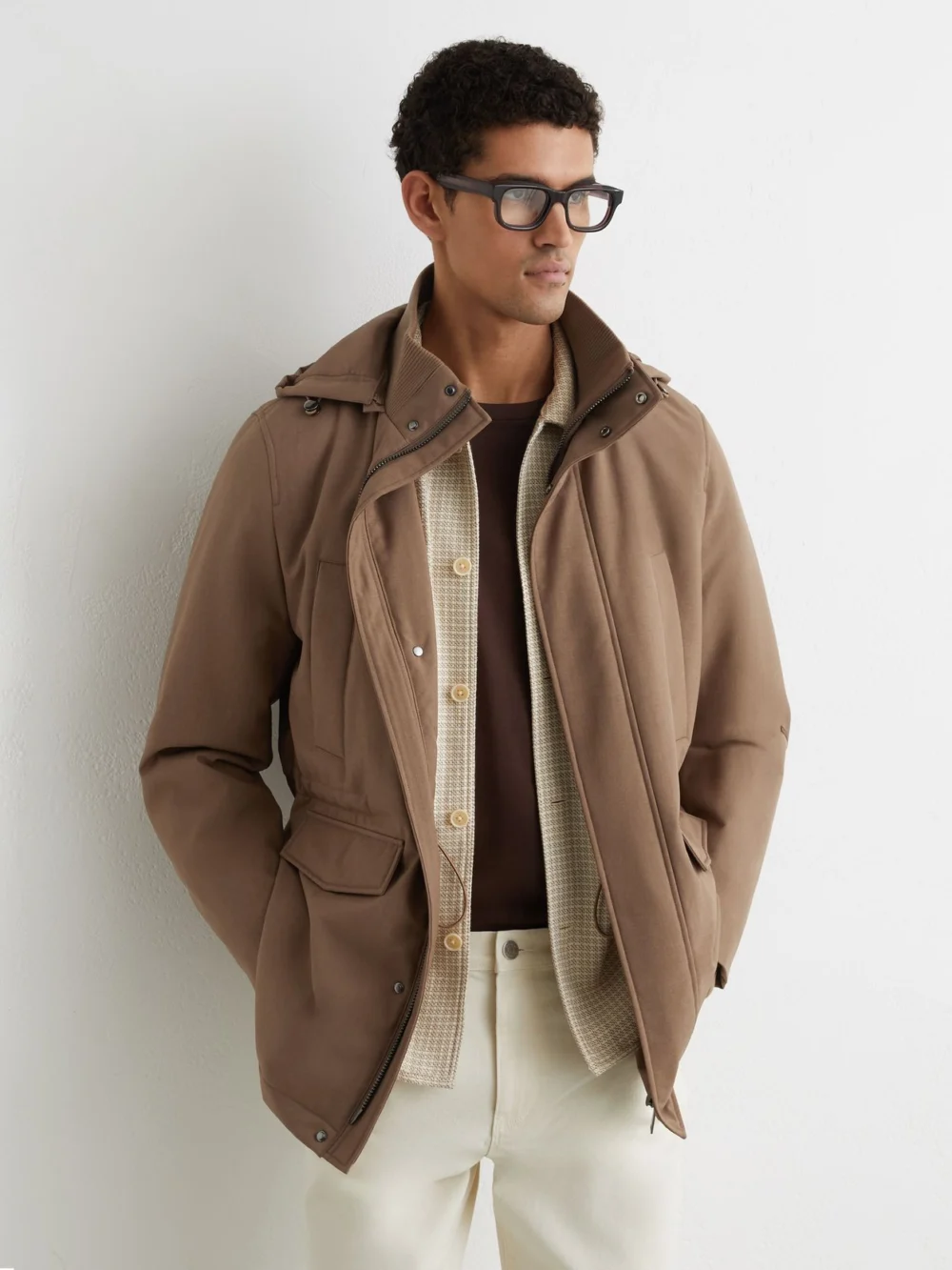 Reiss Light Brown Hooded Zip-through Padded Coat