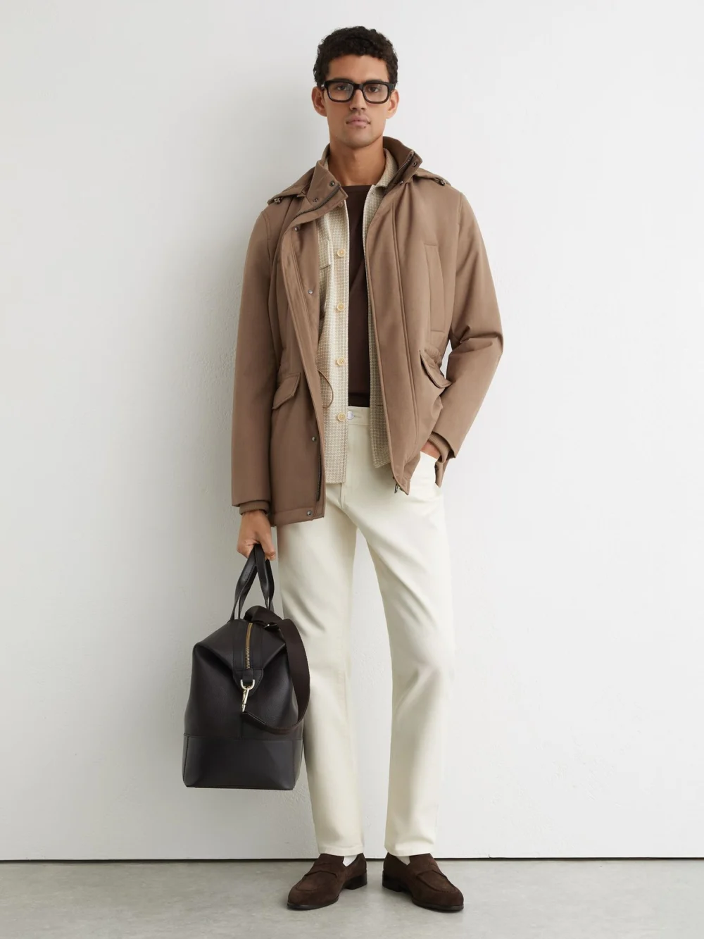 Reiss Light Brown Hooded Zip-through Padded Coat, view 3
