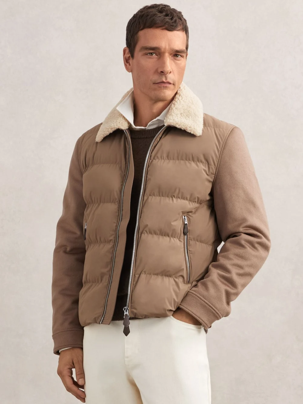 Reiss Light Brown Wool-sleeve Quilted Puffer Jacket