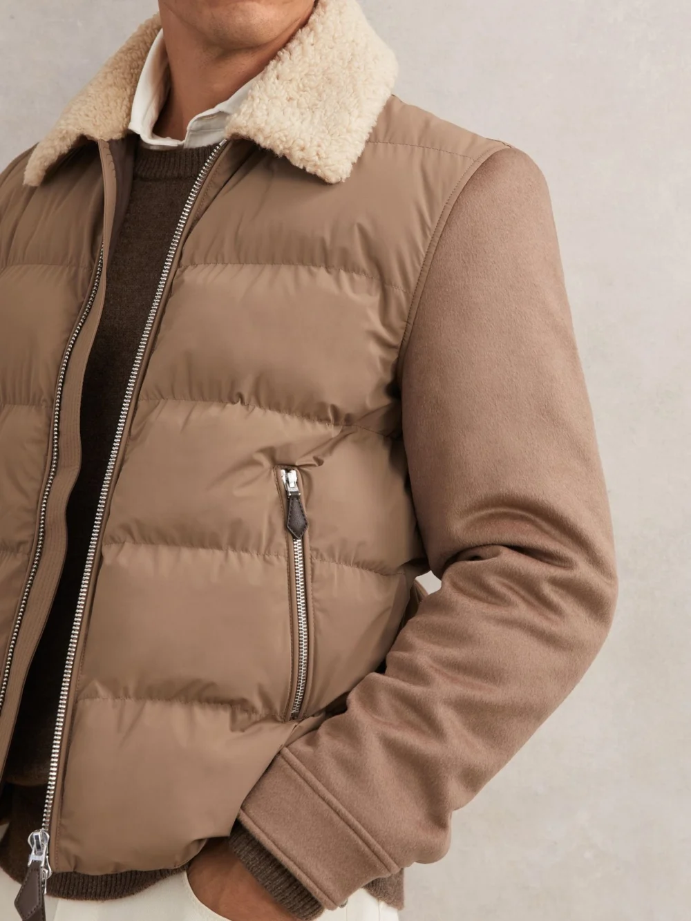 Reiss Light Brown Wool-sleeve Quilted Puffer Jacket, view 3