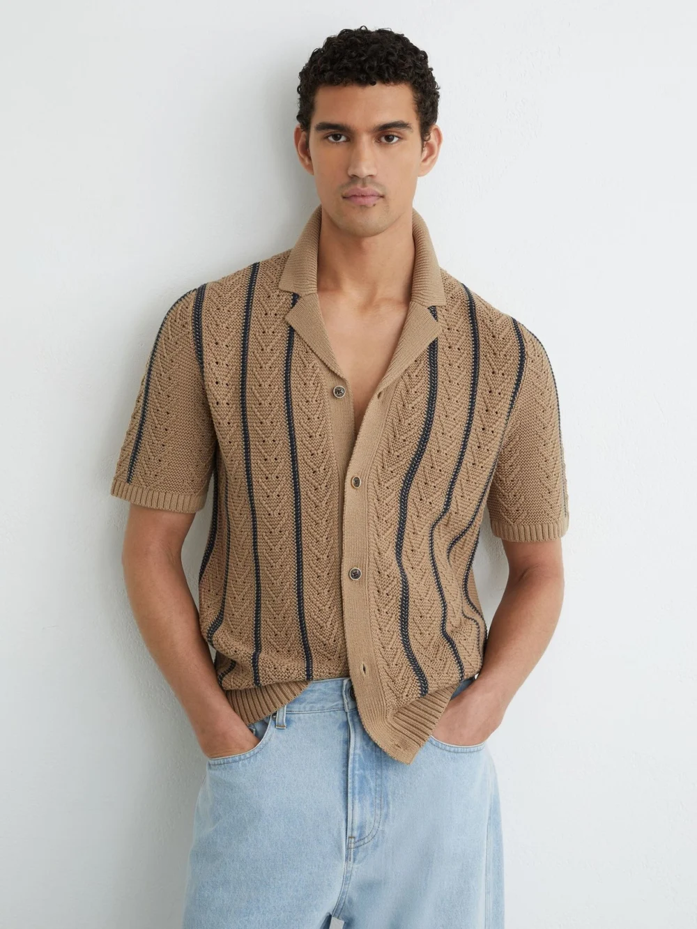 Reiss Light Camel Cotton-blend Textured-knit Stripe Shirt