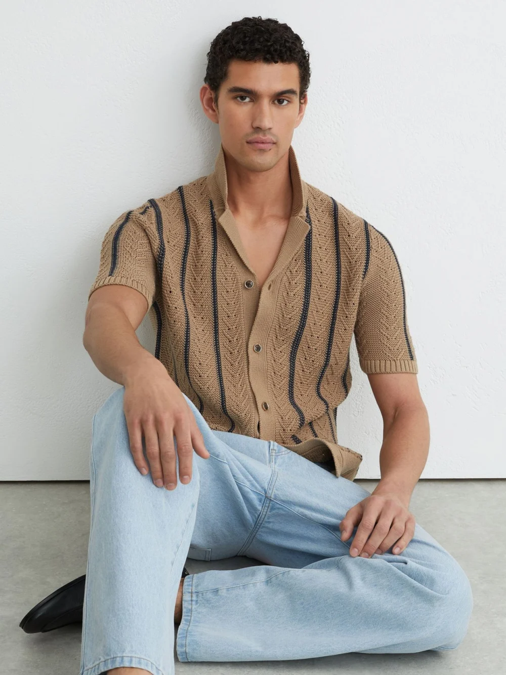 Reiss Light Camel Cotton-blend Textured-knit Stripe Shirt, view 3