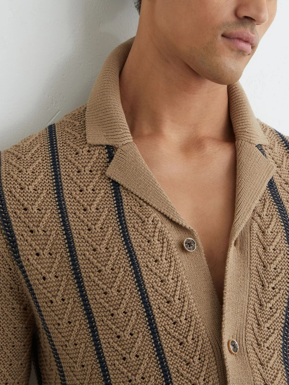 Reiss Light Camel Cotton-blend Textured-knit Stripe Shirt, view 4