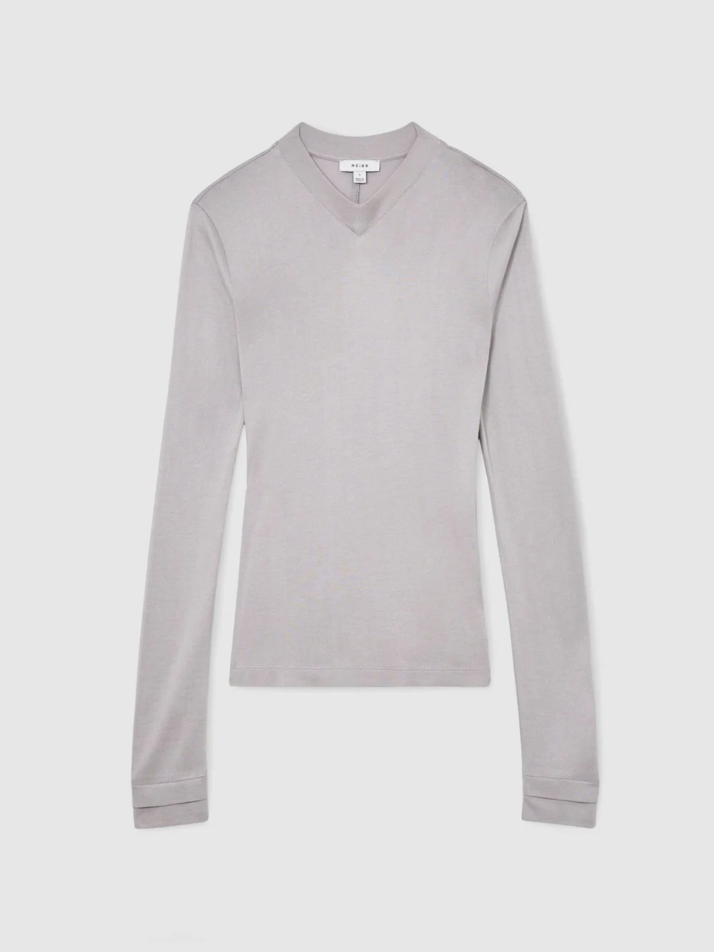 Reiss Light Grey High V-neck Long-sleeve Top, view 2