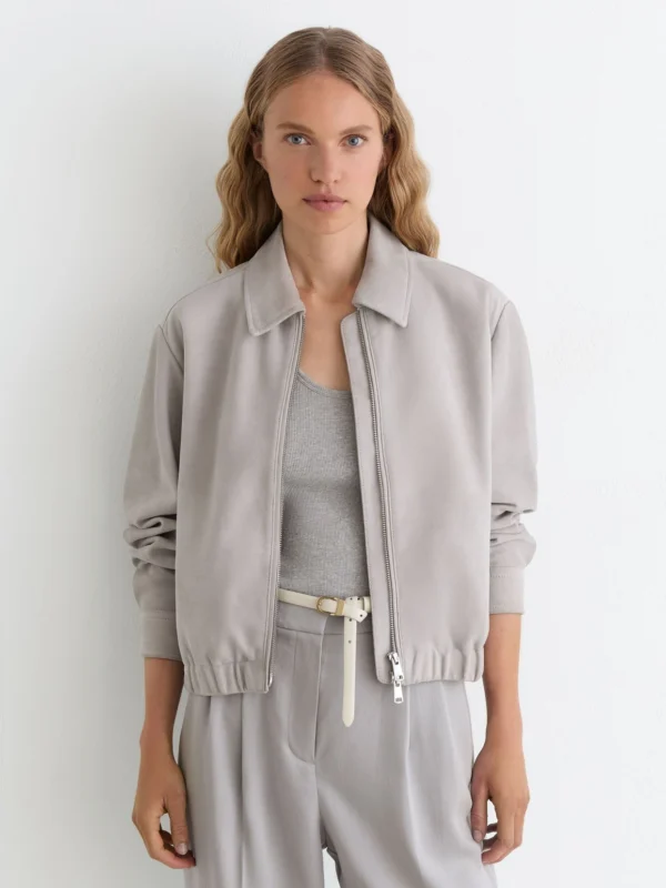 Reiss Light Grey Lottie Cropped Bomber Jacket
