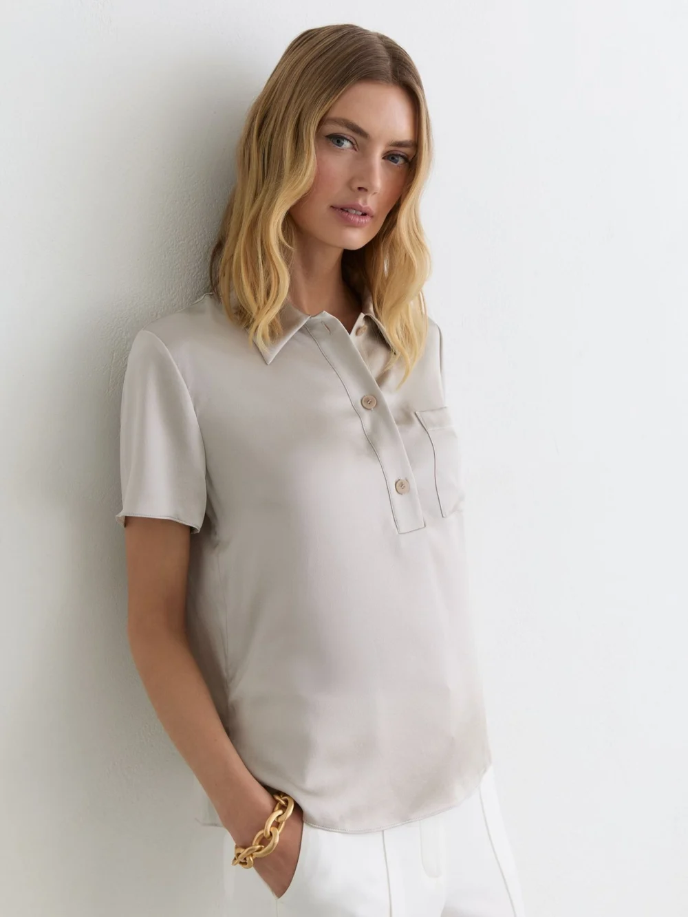 Reiss Light Grey Silk Half-button Short-sleeve Shirt, view 4