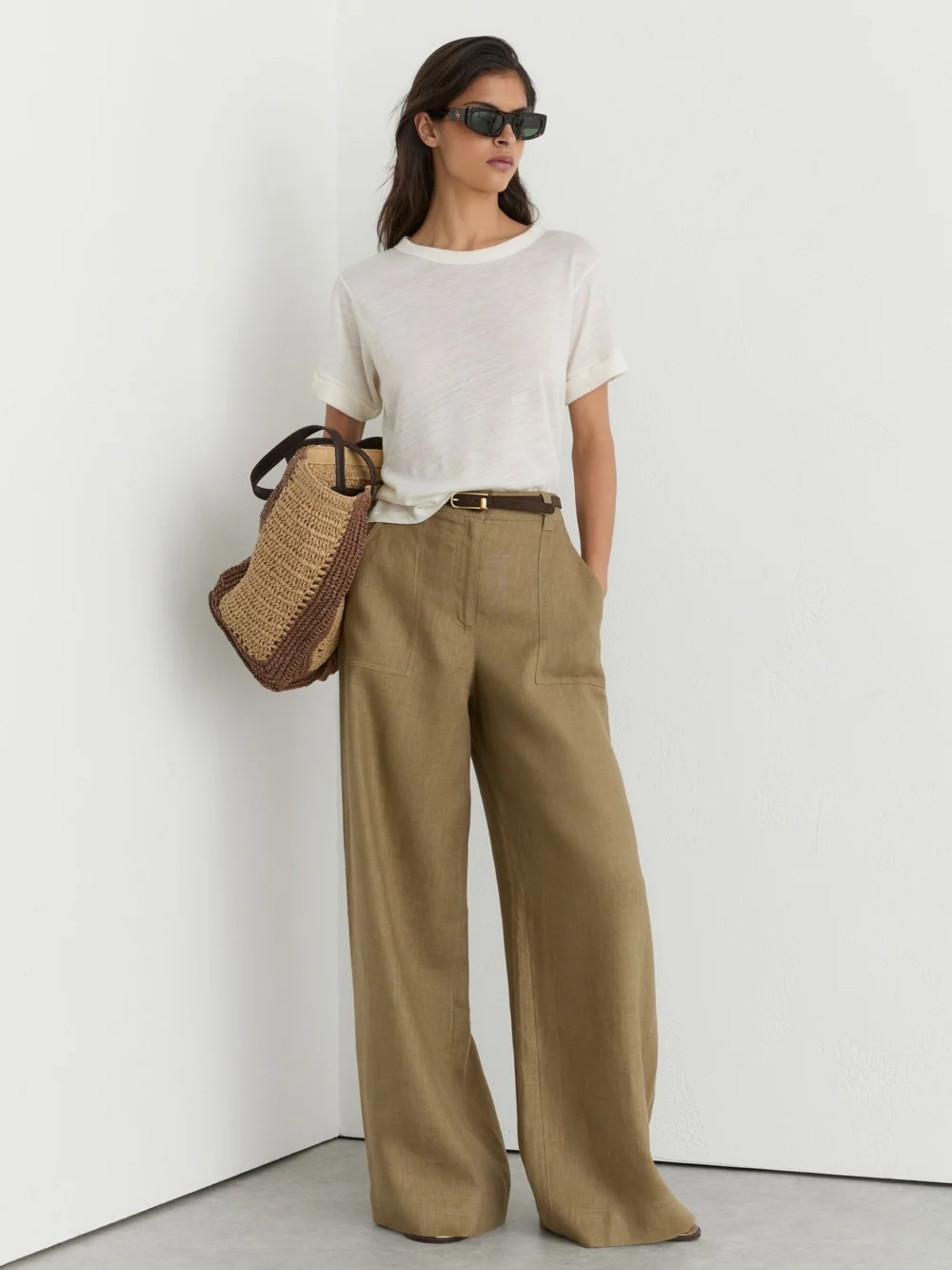 Reiss Light Khaki Green Linen Wide Leg Trousers
