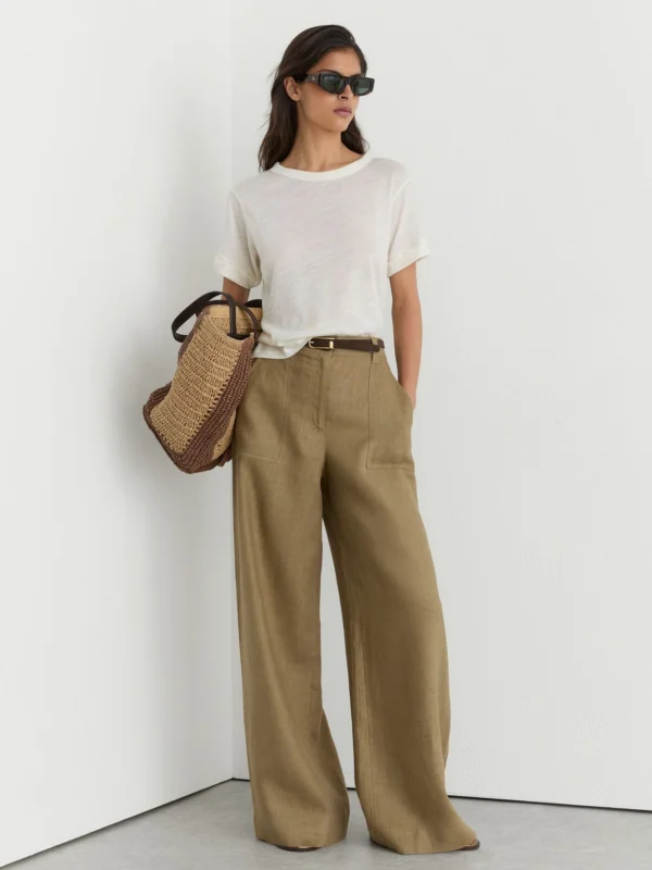 Reiss Light Khaki Green Linen Wide Leg Trousers