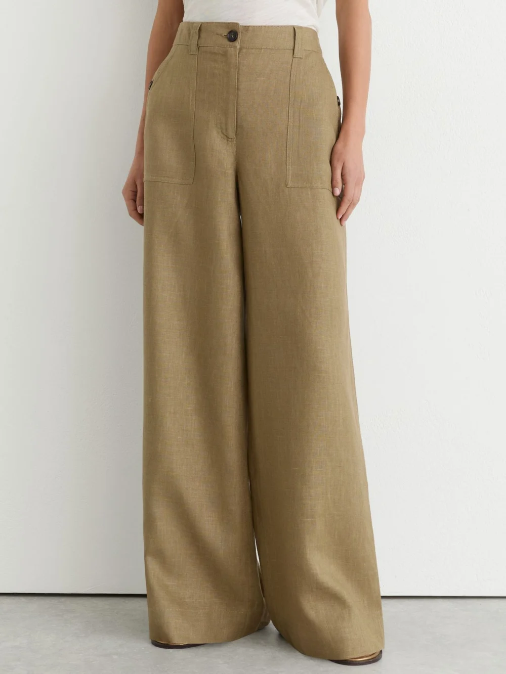 Reiss Light Khaki Green Linen Wide Leg Trousers, view 3