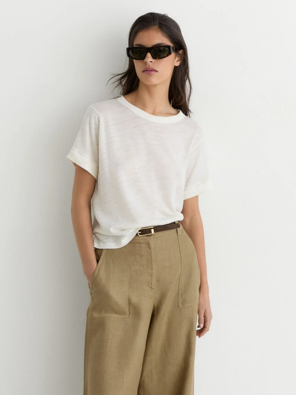 Reiss Light Khaki Green Linen Wide Leg Trousers, view 4