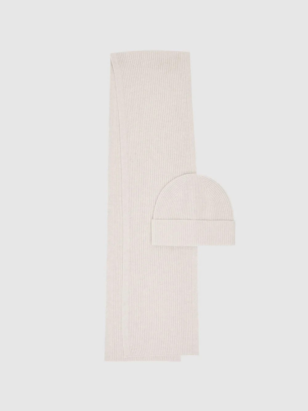 Reiss Light Oatmeal Melange Chesterfield Wool Scarf and Beanie Gift Set,