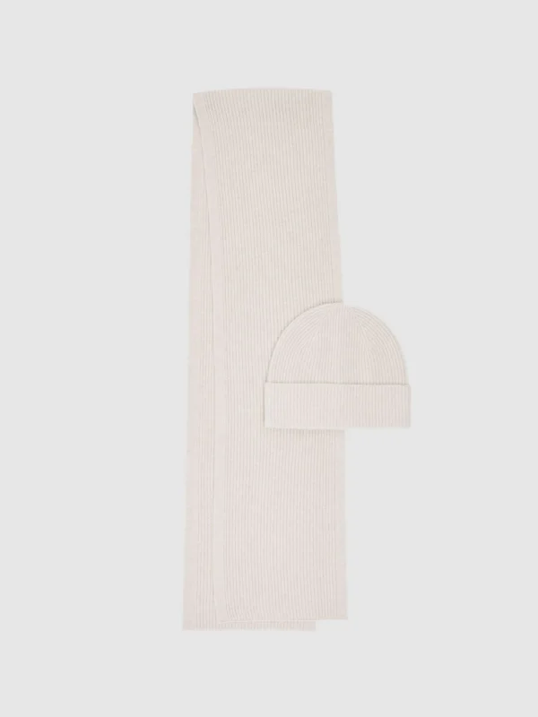 Reiss Light Oatmeal Melange Chesterfield Wool Scarf and Beanie Gift Set,