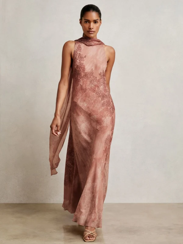 Reiss Light Pink Floral Print Cape Maxi Dress
