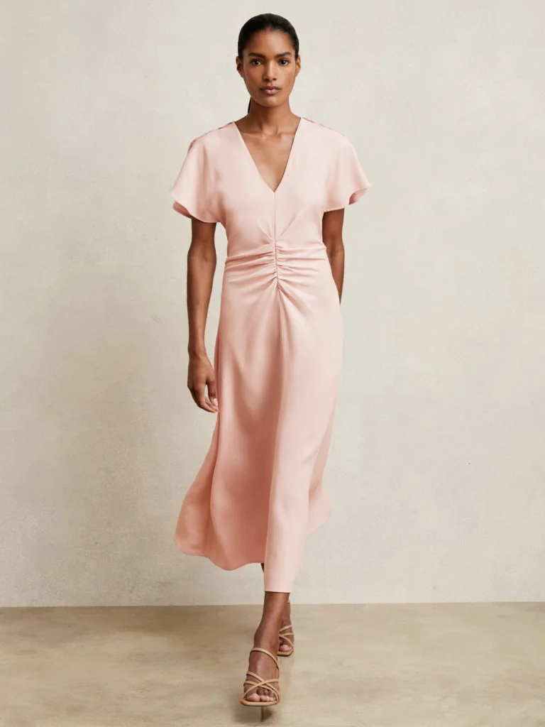 Reiss Light Pink Ruched Midi Dress