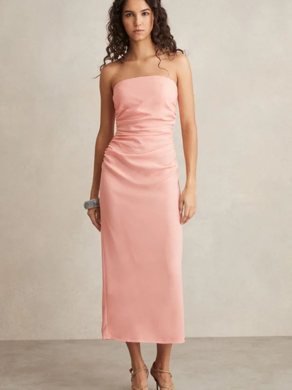 Reiss Light Pink Ruched Strapless Bodycon Dress