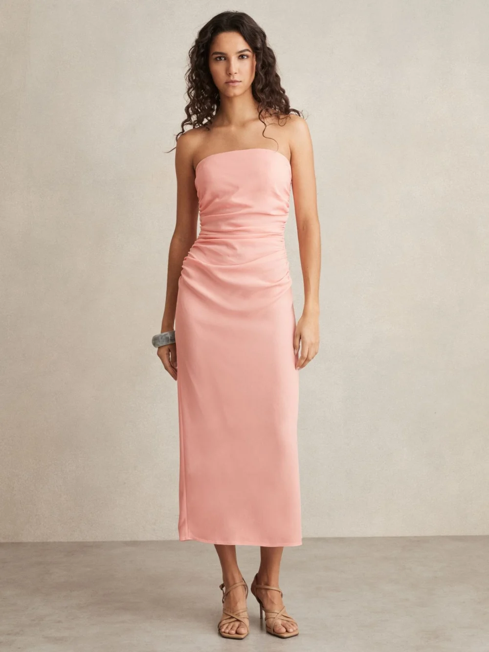 Reiss Light Pink Ruched Strapless Bodycon Dress, view 4