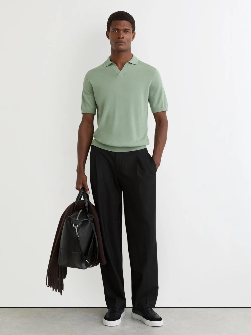 Reiss Light Sage Green Merino Wool Open Collar Polo Shirt