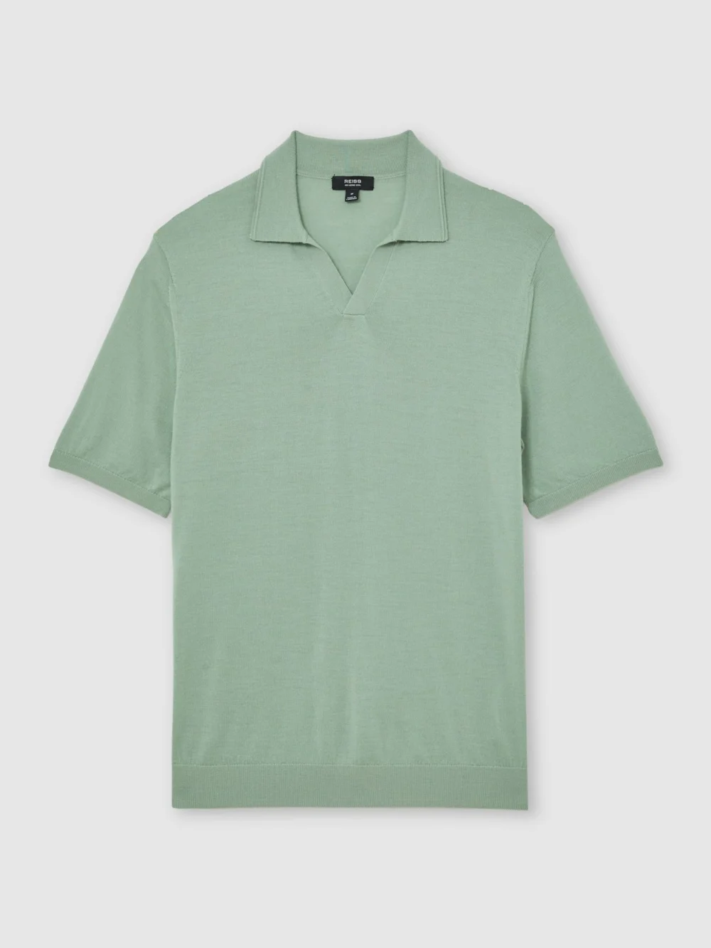 Reiss Light Sage Green Merino Wool Open Collar Polo Shirt, view 2