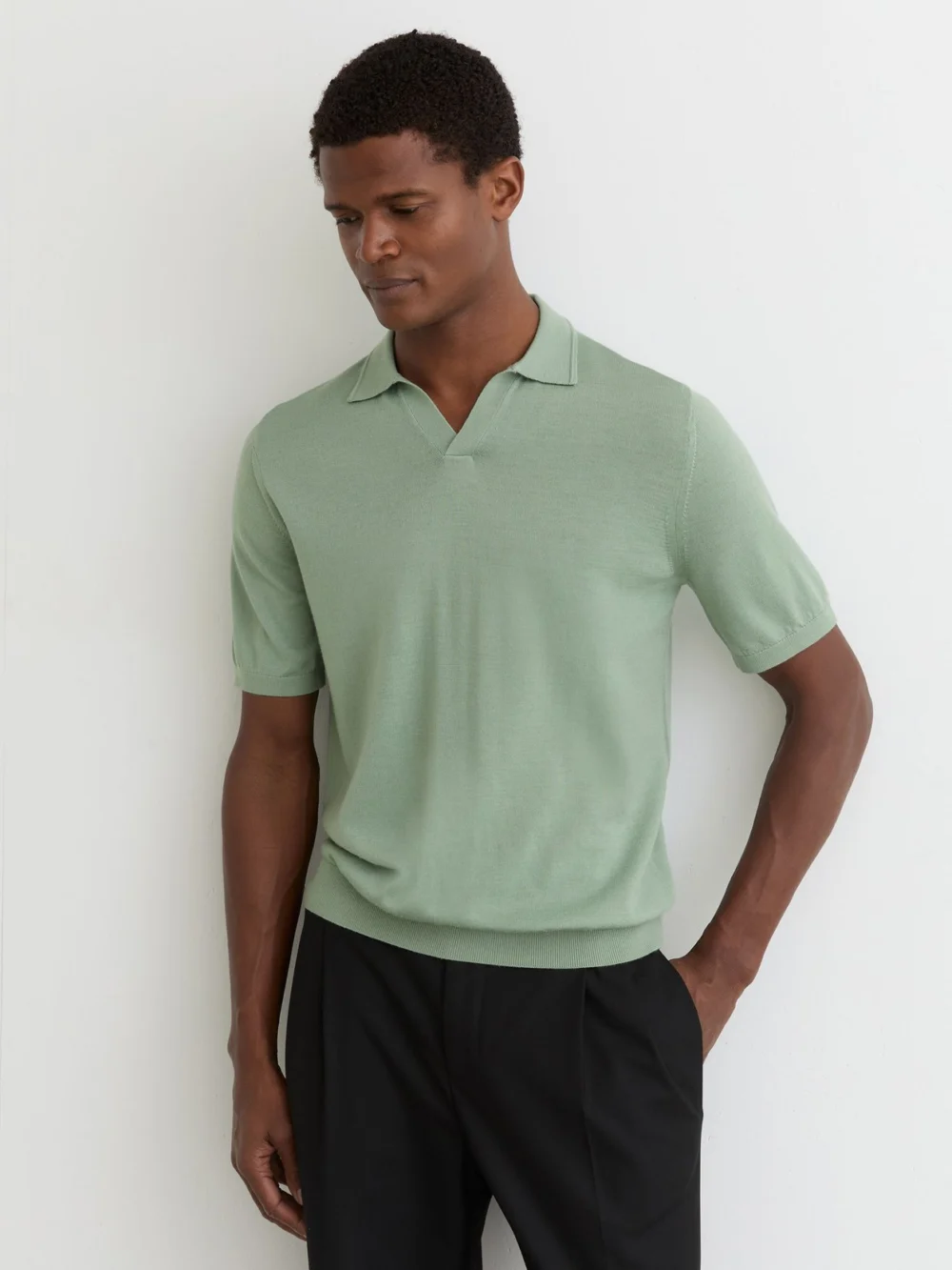 Reiss Light Sage Green Merino Wool Open Collar Polo Shirt, view 3