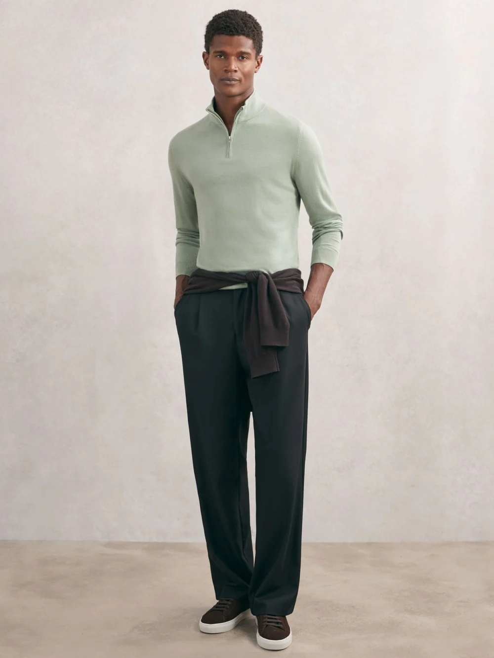 Reiss Light Sage Green Wool Half-zip Funnel Neck Jumper