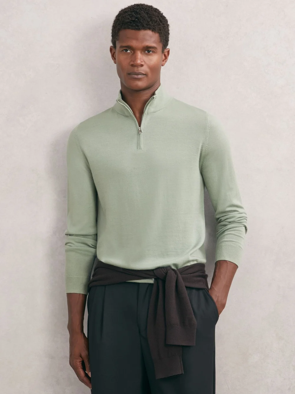 Reiss Light Sage Green Wool Half-zip Funnel Neck Jumper, view 3