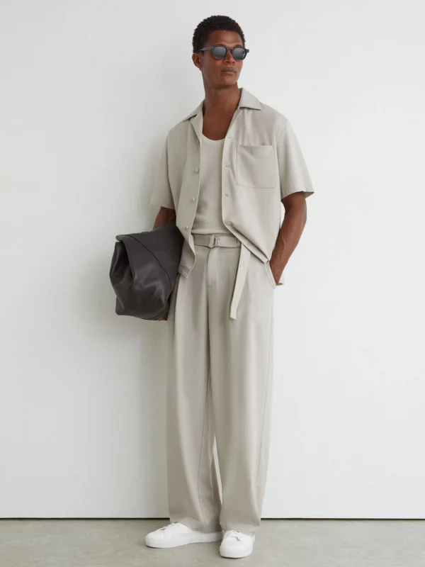 Reiss Light Stone Belted Relaxed-fit Pleated Trousers