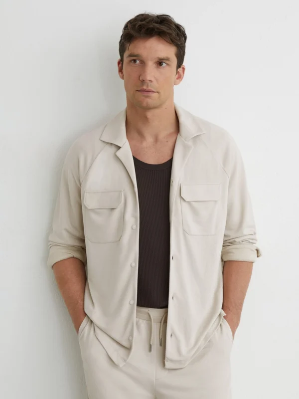 Reiss Light Stone Jersey Twin-pocket Cuban-collar Overshirt
