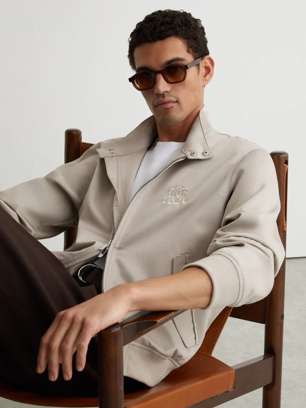 Reiss Light Stone Monogram Embroidered Harrington Jacket