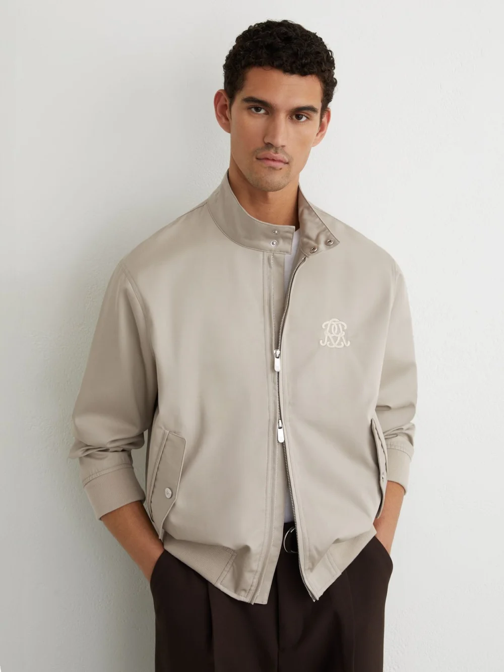 Reiss Light Stone Monogram Embroidered Harrington Jacket, view 4